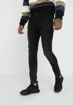 Pier One Vaqueros Pitillo - Black Denim, Hombre