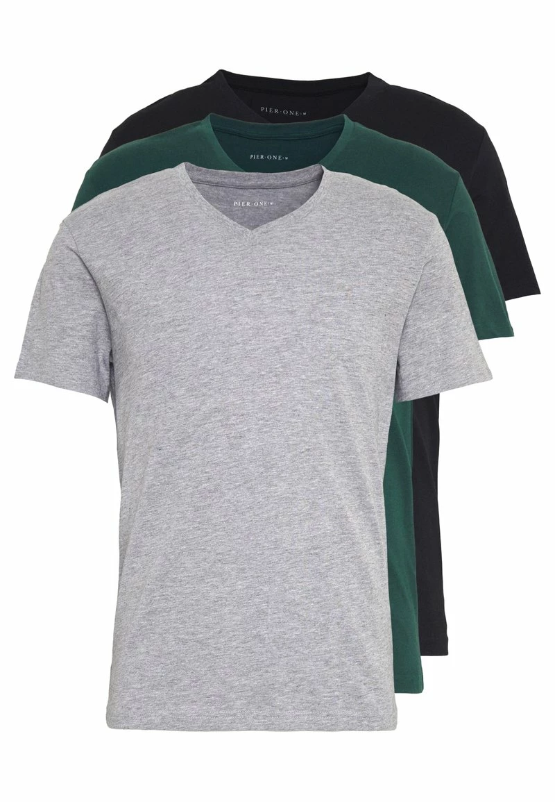 Pier One Hombre 3 PACK - Camiseta Básica - Black, Grey, Green 3 Pier One Hombre 3 PACK - Camiseta Básica - Black, Grey, Green