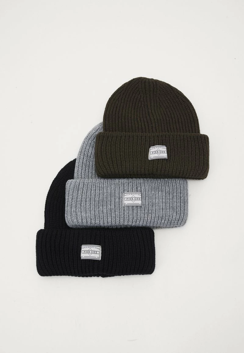 Pier One Unisexo 3 PACK UNISEX - Gorro - Black/grey/khaki 3 Pier One Unisexo 3 PACK UNISEX - Gorro - Black/grey/khaki